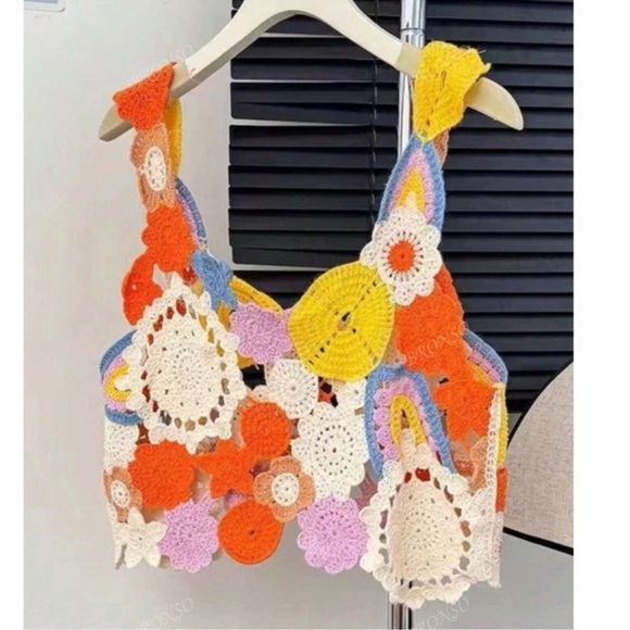 Couture Gypsy Tops - Boho Multicolor Floral Crochet Knit Cropped Top S M L